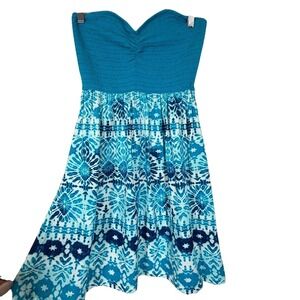 SO Heritage Womens Strapless Smocked Dress XXS Teal Blue Medallion Print Boho